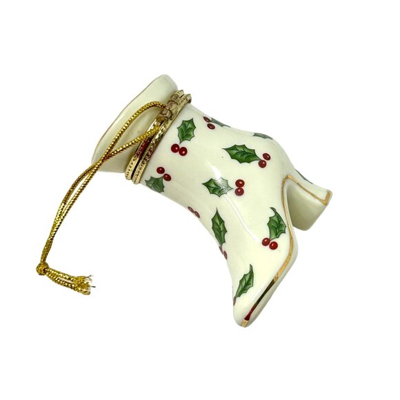 Porcelain Victorian‎ Shoe Christmas Ornament & Trinket Box with Holly & Berries - Picture 7 of 8